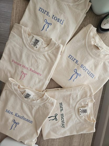 Embroidery Custom Mrs. Bride Shirt, Bride Gift, Wedding shirt, Engagement gift, Bachelorete party tee, Gift for her, Coquette bow bride tee.