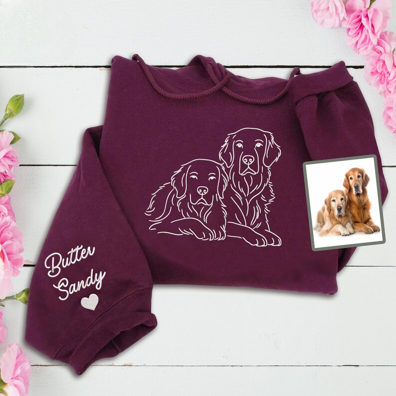 Custom Pet from Photo Embroidered Sweatshirt, Line Art Dog Portrait Sweater, Cat Portrait Hoodie, Pet Face and Pet Name, Christmas Gift