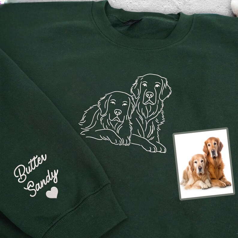 Custom Pet from Photo Embroidered Sweatshirt, Line Art Dog Portrait Sweater, Cat Portrait Hoodie, Pet Face and Pet Name, Christmas Gift