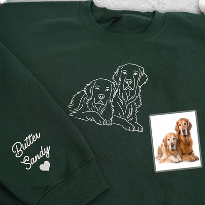 Custom Pet from Photo Embroidered Sweatshirt, Line Art Dog Portrait Sweater, Cat Portrait Hoodie, Pet Face and Pet Name, Christmas Gift