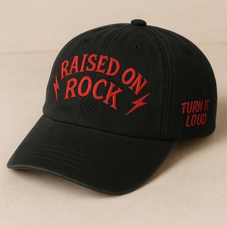 Raised on Rock Baseball Cap Vintage Embroidered Washed Dad Hat , Turn It Loud Rock Music Hat for Concerts, Festivals, Guitar Lovers