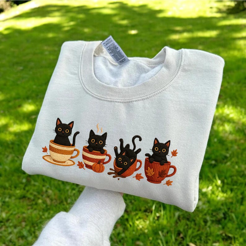 Embroidered Halloween Black Cat Sweatshirt, Pumpkin Fall Sweater, Halloween Shirt, Cute Autumn Spooky Season, Cat Lover Gift, Coffee Lovers