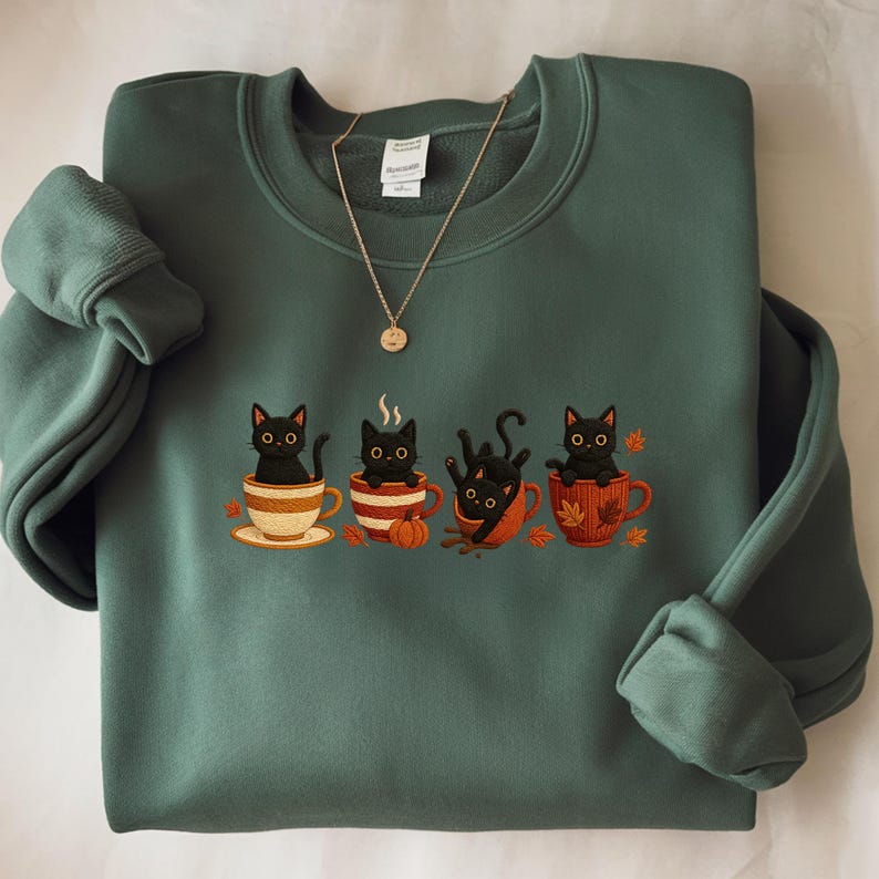 Embroidered Halloween Black Cat Sweatshirt, Pumpkin Fall Sweater, Halloween Shirt, Cute Autumn Spooky Season, Cat Lover Gift, Coffee Lovers