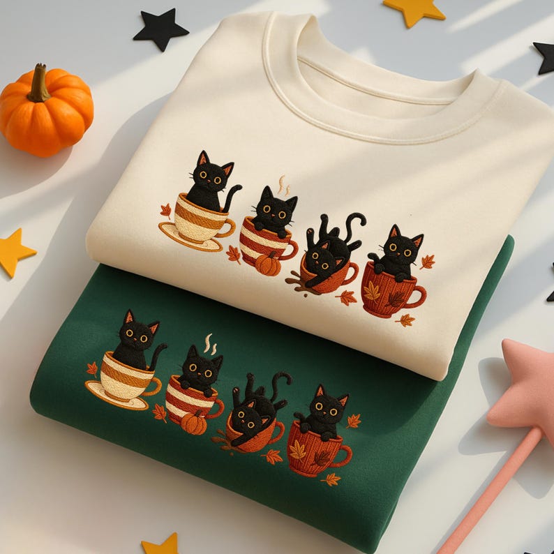 Embroidered Halloween Black Cat Sweatshirt, Pumpkin Fall Sweater, Halloween Shirt, Cute Autumn Spooky Season, Cat Lover Gift, Coffee Lovers