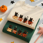 Embroidered Halloween Black Cat Sweatshirt, Pumpkin Fall Sweater, Halloween Shirt, Cute Autumn Spooky Season, Cat Lover Gift, Coffee Lovers