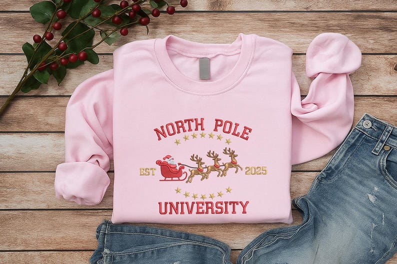 North Pole University Sweatshirt, Embroidered Christmas Hoodie, Christmas Reindeer Crewneck Sweater, Winter Sweatshirt, Christmas Gift