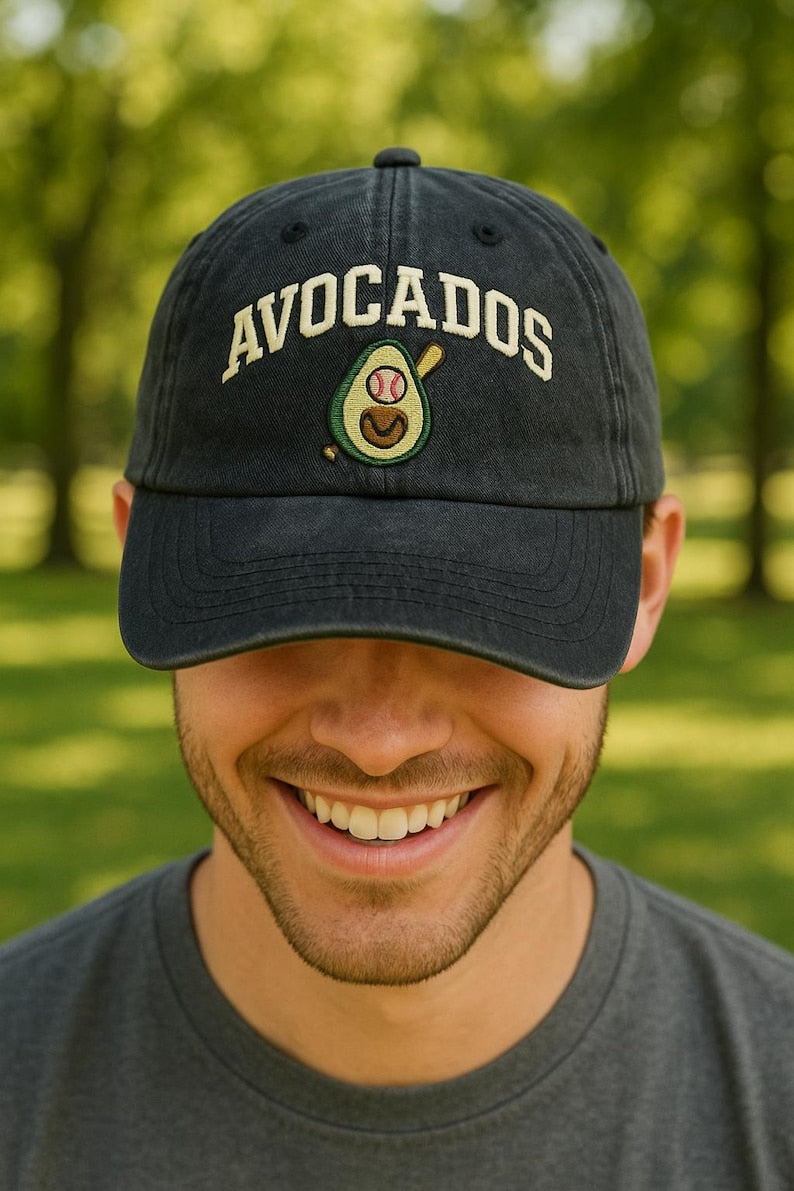 Avocados Baseball Hat Funny Embroidered Avocado Cap with Bat, Healthy Food & Sports Lover Gift, Vintage Dad Hat Style