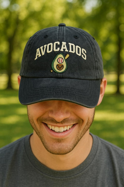 Avocados Baseball Hat Funny Embroidered Avocado Cap with Bat, Healthy Food & Sports Lover Gift, Vintage Dad Hat Style