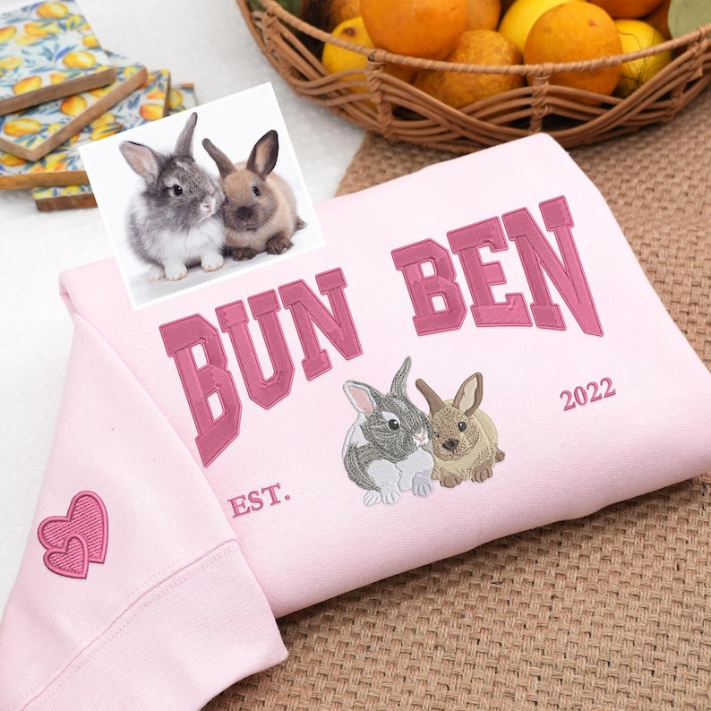Custom Embroidered Bunny Sweatshirt - Personalized Rabbit Portrait Sweatshirt for Humans - Custom Pet Hoodie with Pet Name - Gift for Her