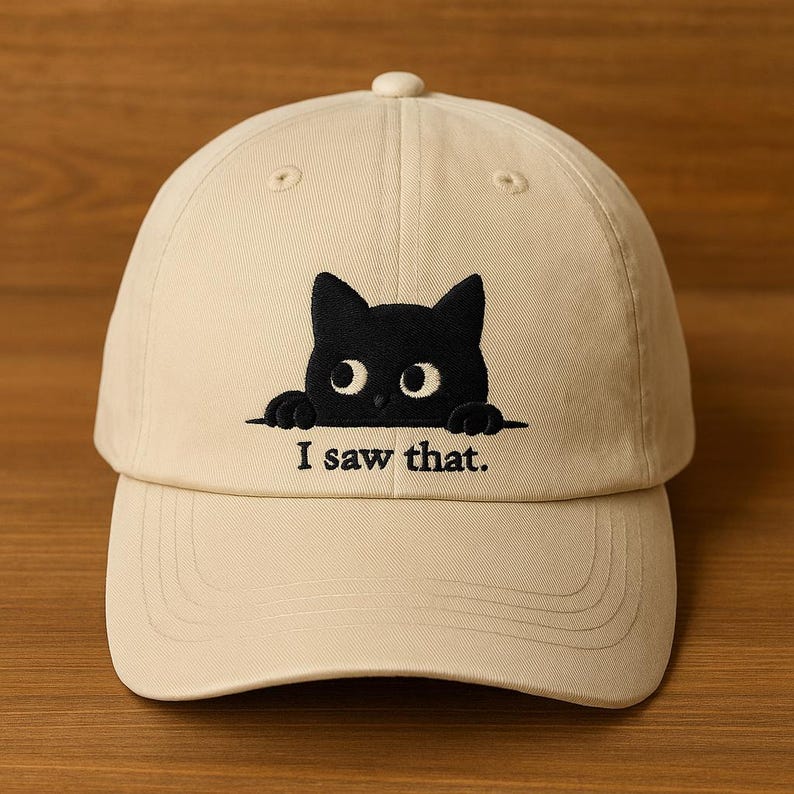 Funny Cat Embroidered Dad Hat Cute Black Cat Peeking with I Saw That Text, Adjustable Baseball Cap for Cat Lovers