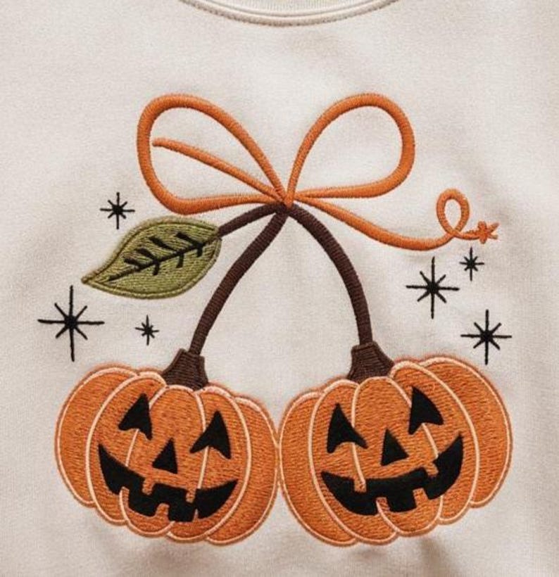 Embroidered Pumpkin Cherries Autumn Girly Sweatshirt, Halloween Pumpkin Shirt, Fall pumpkin Tee, Pumpkin Cheeries Coquette Tee, Fall Shirt