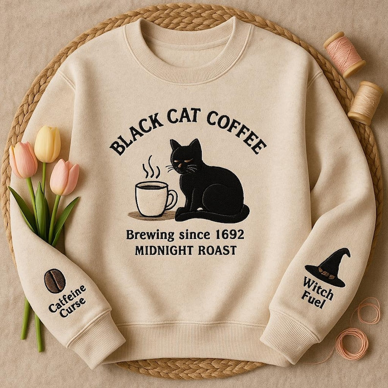 Black Cat Coffee Embroidered Sweatshirt Witchy Halloween Cozy Pullover Midnight Roast Cat Shirt