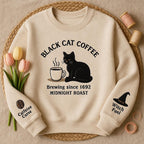 Black Cat Coffee Embroidered Sweatshirt Witchy Halloween Cozy Pullover Midnight Roast Cat Shirt