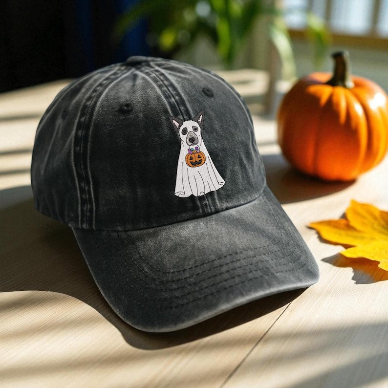 Custom Dog Embroidered Hat Halloween Ghost Dog Washed Hat Halloween Embroidered Baseball Hat Dogs Embroidered Cap Pet Ghost Hat
