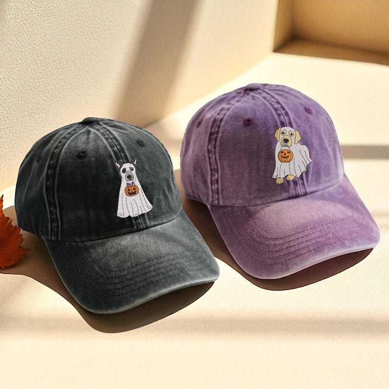 Custom Dog Embroidered Hat Halloween Ghost Dog Washed Hat Halloween Embroidered Baseball Hat Dogs Embroidered Cap Pet Ghost Hat