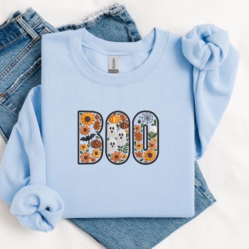 BOO Embroidery Design, Floral Halloween Letters with Ghosts, Pumpkins and Fall Flowers