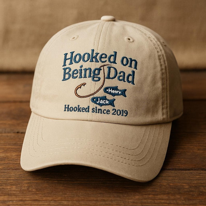 Hooked on Being Dad Embroidered Hat Personalized Fishing Themed Dad Cap with Kids Names, Custom Gift for Fathers, Fishermen and New Dads