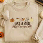 Just a Girl who loves Fall Embroidered Sweatshirt, Pumpkin Spice Hoodie, Cute Autumn T Shirt, Fall Icons Autumn-Themed Apparel