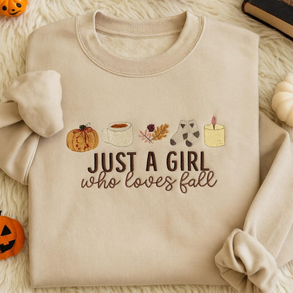 Just a Girl who loves Fall Embroidered Sweatshirt, Pumpkin Spice Hoodie, Cute Autumn T Shirt, Fall Icons Autumn-Themed Apparel