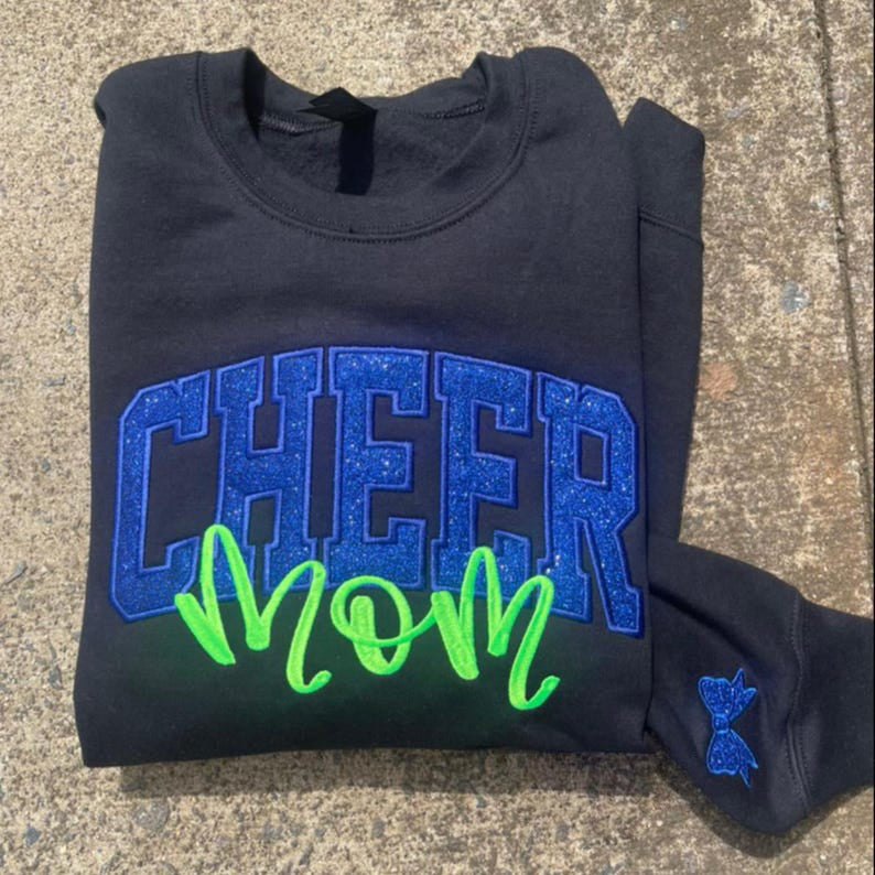 Cheer Mom Sweatshirt or Comfort Color Tee, Glitter Applique Embroidered with Name Personalized Cheer Shirt