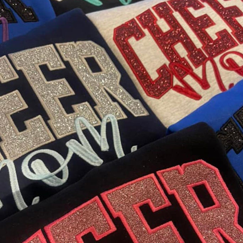 Cheer Mom Sweatshirt or Comfort Color Tee, Glitter Applique Embroidered with Name Personalized Cheer Shirt