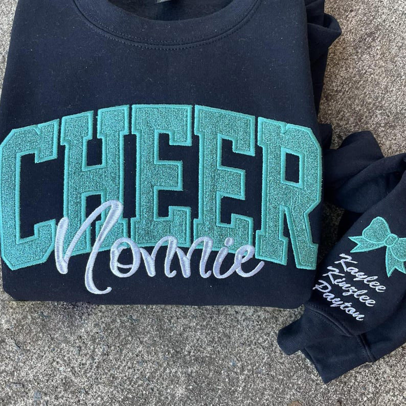 Cheer Mom Sweatshirt or Comfort Color Tee, Glitter Applique Embroidered with Name Personalized Cheer Shirt