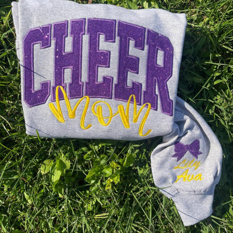 Cheer Mom Sweatshirt or Comfort Color Tee, Glitter Applique Embroidered with Name Personalized Cheer Shirt
