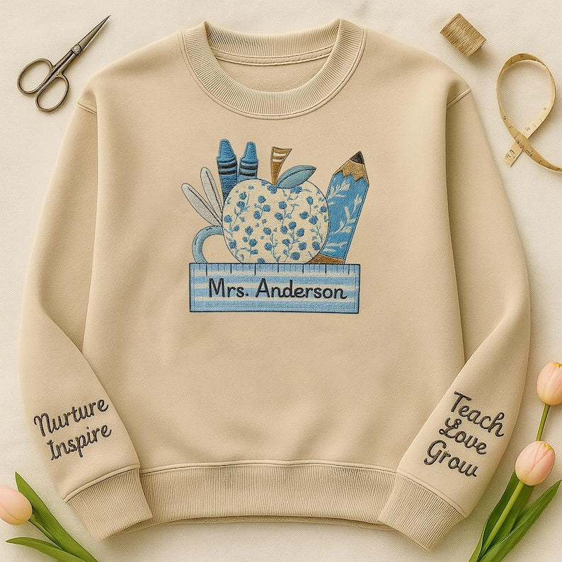 Custom Teacher Sweatshirt Embroidered Blue Apple Crayon Pencil Name Pullover Back to School Gift