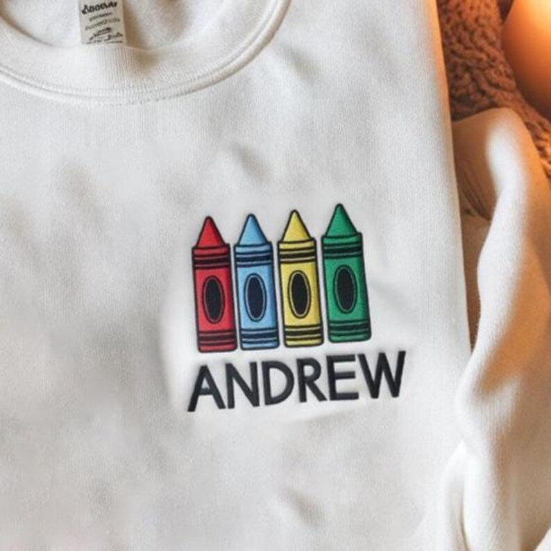 Personalized Name Crayon Lapel Back to School Embroidered Sweatshirt, Preschool First Day Hoodie, Back to School Outfit, Teacher Sweatshirt