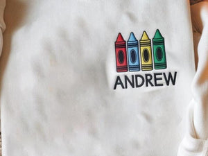 Personalized Name Crayon Lapel Back to School Embroidered Sweatshirt, Preschool First Day Hoodie, Back to School Outfit, Teacher Sweatshirt
