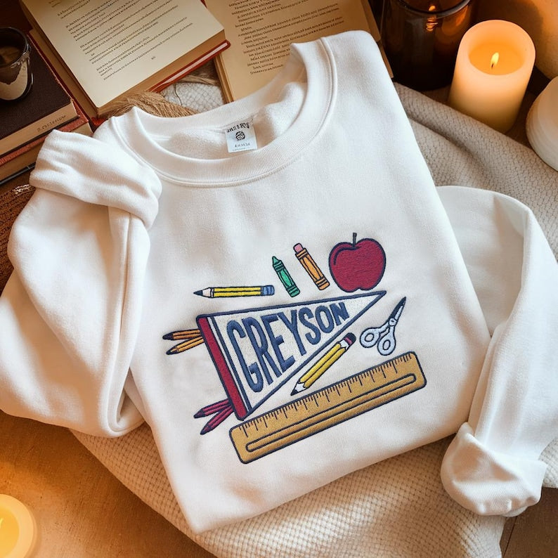 Personalized School Supplies Pennant Boy Name Embroidered Sweatshirt, Preschool First Day Hoodie, Back to School Outfit, Teacher Sweatshirt