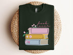 Embroidered Cozy Book Lover Sweatshirt, Embroidered Floral Book Stack Design, Dark Academia Gift for Readers & Introverts, Fall Shirt