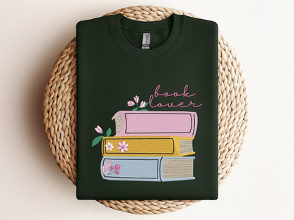 Embroidered Cozy Book Lover Sweatshirt, Embroidered Floral Book Stack Design, Dark Academia Gift for Readers & Introverts, Fall Shirt