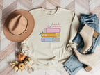 Embroidered Cozy Book Lover Sweatshirt, Embroidered Floral Book Stack Design, Dark Academia Gift for Readers & Introverts, Fall Shirt