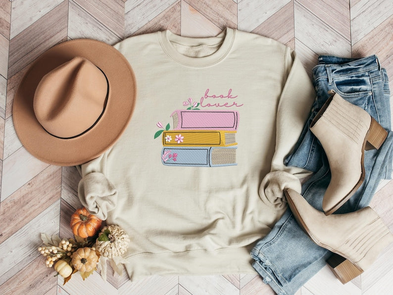 Embroidered Cozy Book Lover Sweatshirt, Embroidered Floral Book Stack Design, Dark Academia Gift for Readers & Introverts, Fall Shirt