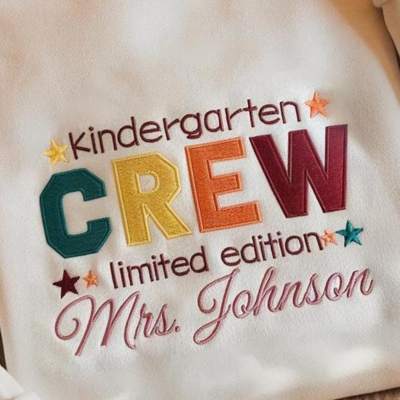 Custom Kindergarten Crew Teacher Embroidered Sweatshirt, Kindergarten Hoodie for Teacher, Cute Kinder Team Sweatshirt for Teacher, Teacher Sweater
