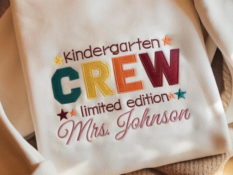 Custom Kindergarten Crew Teacher Embroidered Sweatshirt, Kindergarten Hoodie for Teacher, Cute Kinder Team Sweatshirt for Teacher, Teacher Sweater