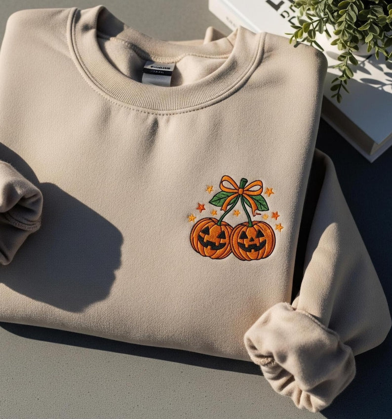 Pumpkin Cherries Embroidery Sweatshirt, Autumn Girly Embroidered Crewneck, Pumpkin Cherries Coquette Embroidery, Embroidered Fall Sweatshirt