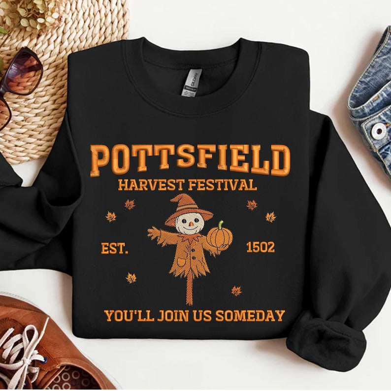 Pottsfield Harvest Festival Embroidery Sweatshirt, Autumn Scarecrow With Pumpkin Embroidered Shirt, Thanksgiving Hoodie, Halloween Gift