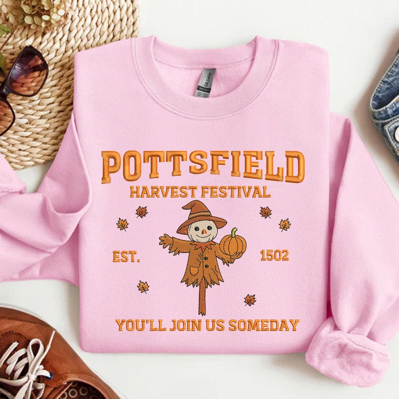 Pottsfield Harvest Festival Embroidery Sweatshirt, Autumn Scarecrow With Pumpkin Embroidered Shirt, Thanksgiving Hoodie, Halloween Gift