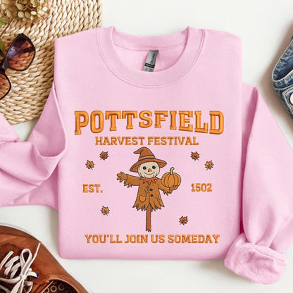 Pottsfield Harvest Festival Embroidery Sweatshirt, Autumn Scarecrow With Pumpkin Embroidered Shirt, Thanksgiving Hoodie, Halloween Gift