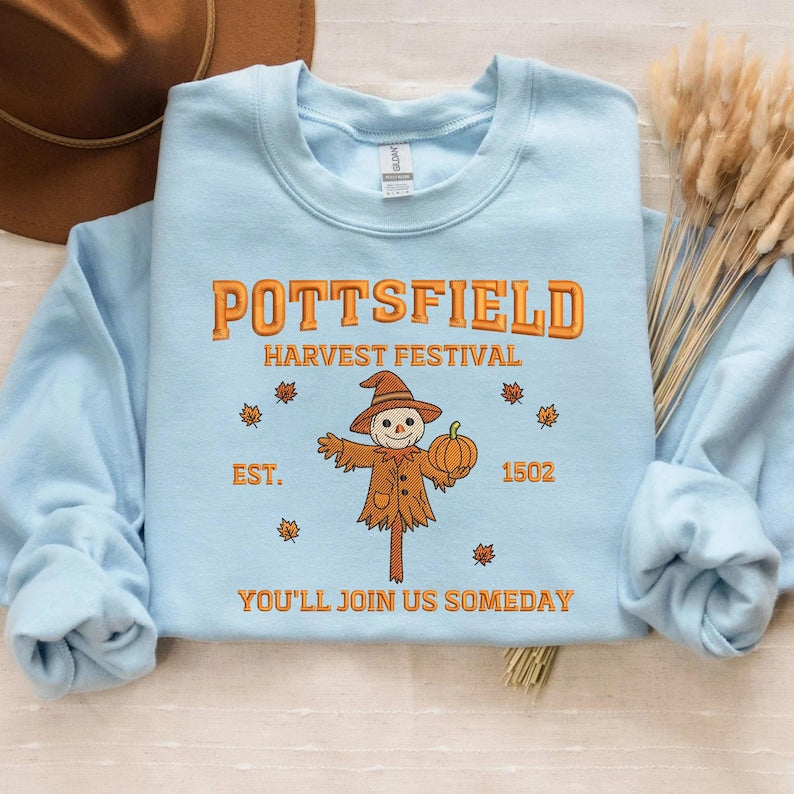 Pottsfield Harvest Festival Embroidery Sweatshirt, Autumn Scarecrow With Pumpkin Embroidered Shirt, Thanksgiving Hoodie, Halloween Gift