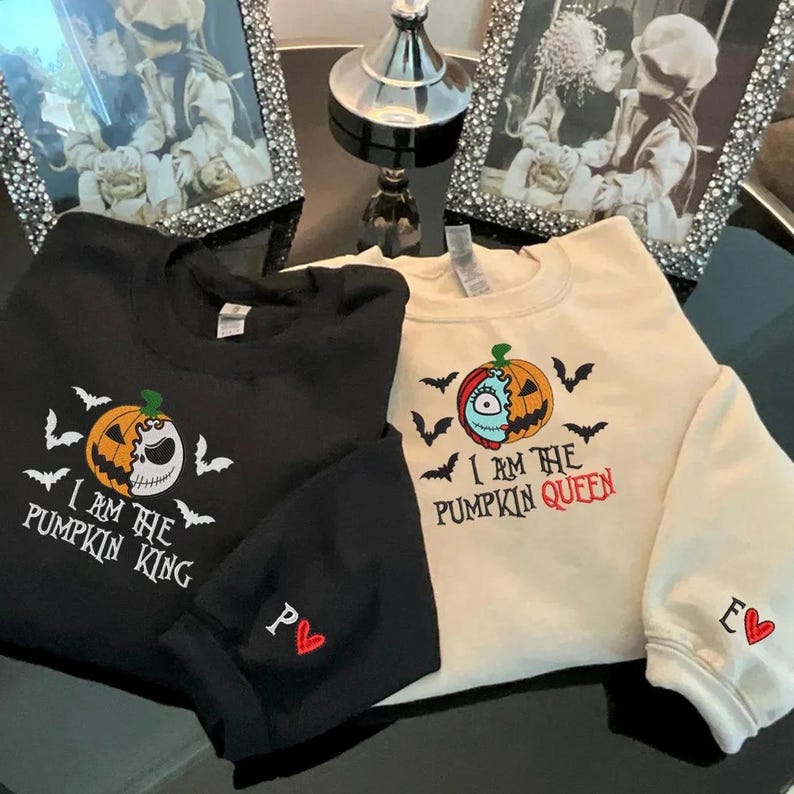 Custom The Pumpkin King & Queen Embroidery Halloween Couple Sweatshirt or Hoodie | Custom Couple Halloween Spooky Embroidered Tshirt