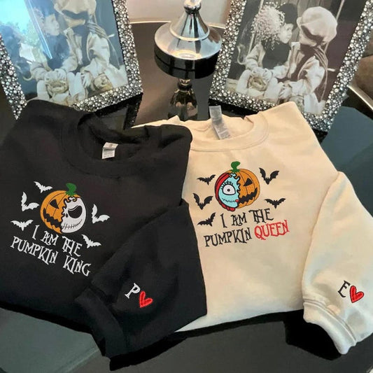 Custom The Pumpkin King & Queen Embroidery Halloween Couple Sweatshirt or Hoodie | Custom Couple Halloween Spooky Embroidered Tshirt