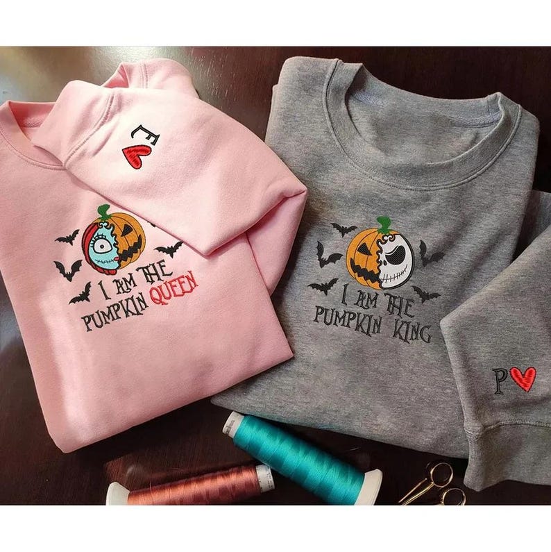 Custom The Pumpkin King & Queen Embroidery Halloween Couple Sweatshirt or Hoodie | Custom Couple Halloween Spooky Embroidered Tshirt