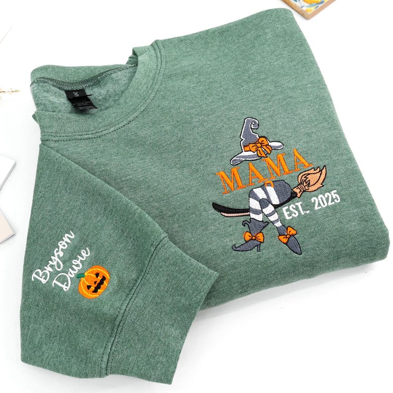 Embroidered Mommy Witch Sweatshirt - Custom Mama Sweatshirt with Kids Names on Sleeve - Spooky Mom Sweatshirt -personalized halloween gifts