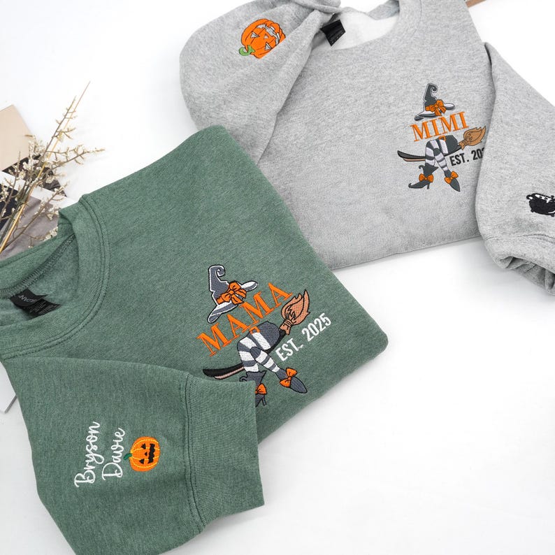 Embroidered Mommy Witch Sweatshirt - Custom Mama Sweatshirt with Kids Names on Sleeve - Spooky Mom Sweatshirt -personalized halloween gifts