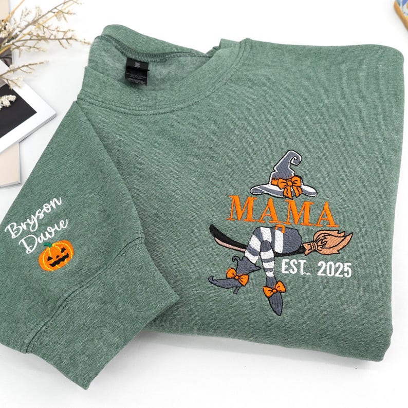 Embroidered Mommy Witch Sweatshirt - Custom Mama Sweatshirt with Kids Names on Sleeve - Spooky Mom Sweatshirt -personalized halloween gifts