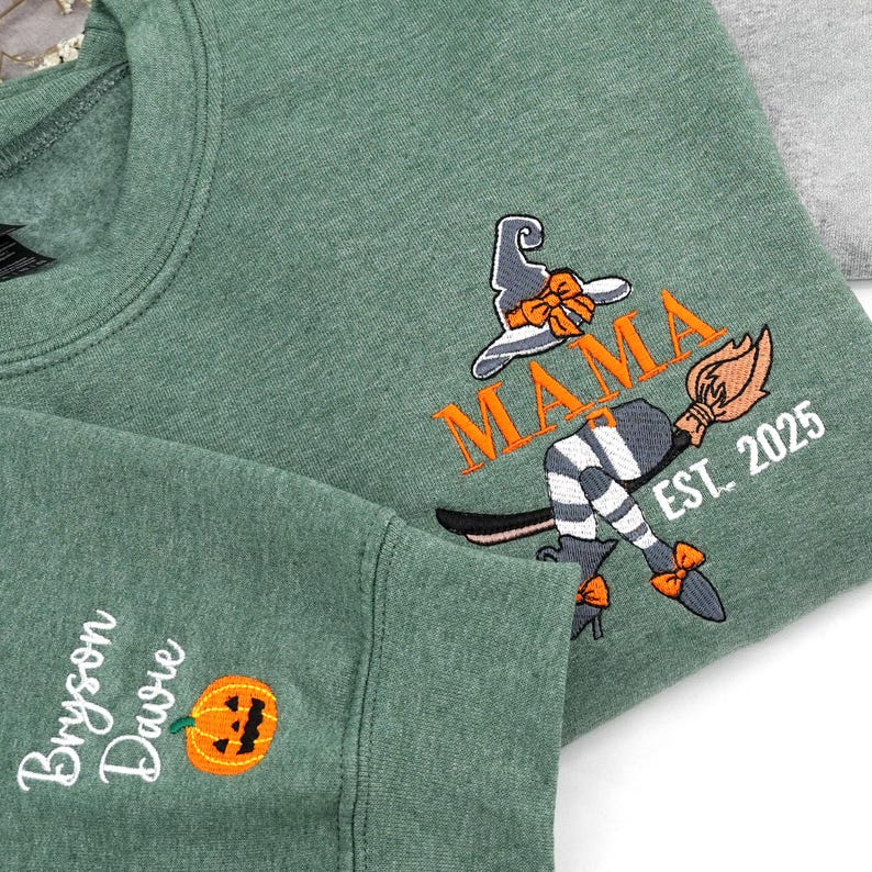 Embroidered Mommy Witch Sweatshirt - Custom Mama Sweatshirt with Kids Names on Sleeve - Spooky Mom Sweatshirt -personalized halloween gifts