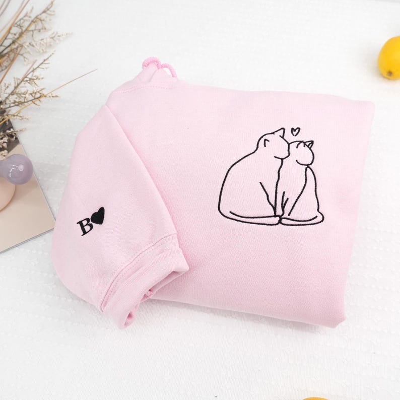 Custom Valentines Hoodie with Cat Love Embroidered - Matching Hoodies for Couples - Personalized Anniversary Sweatshirt - Engagement Gifts